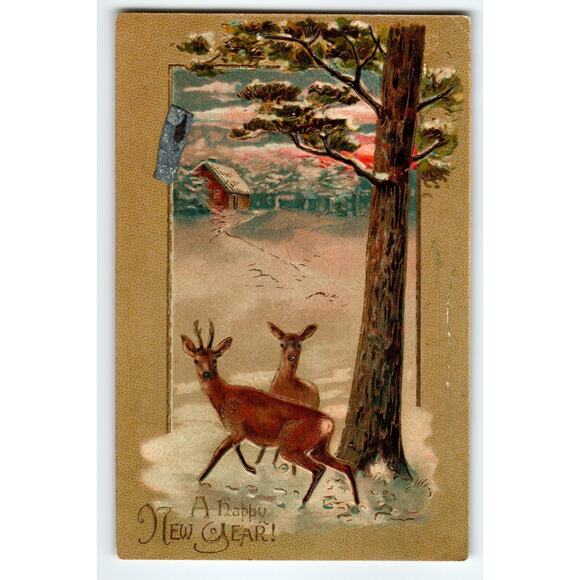 Vintage 1907-1915 Lithograph New Year Postcard with Deer & Winter Scene - Picture 1 of 2